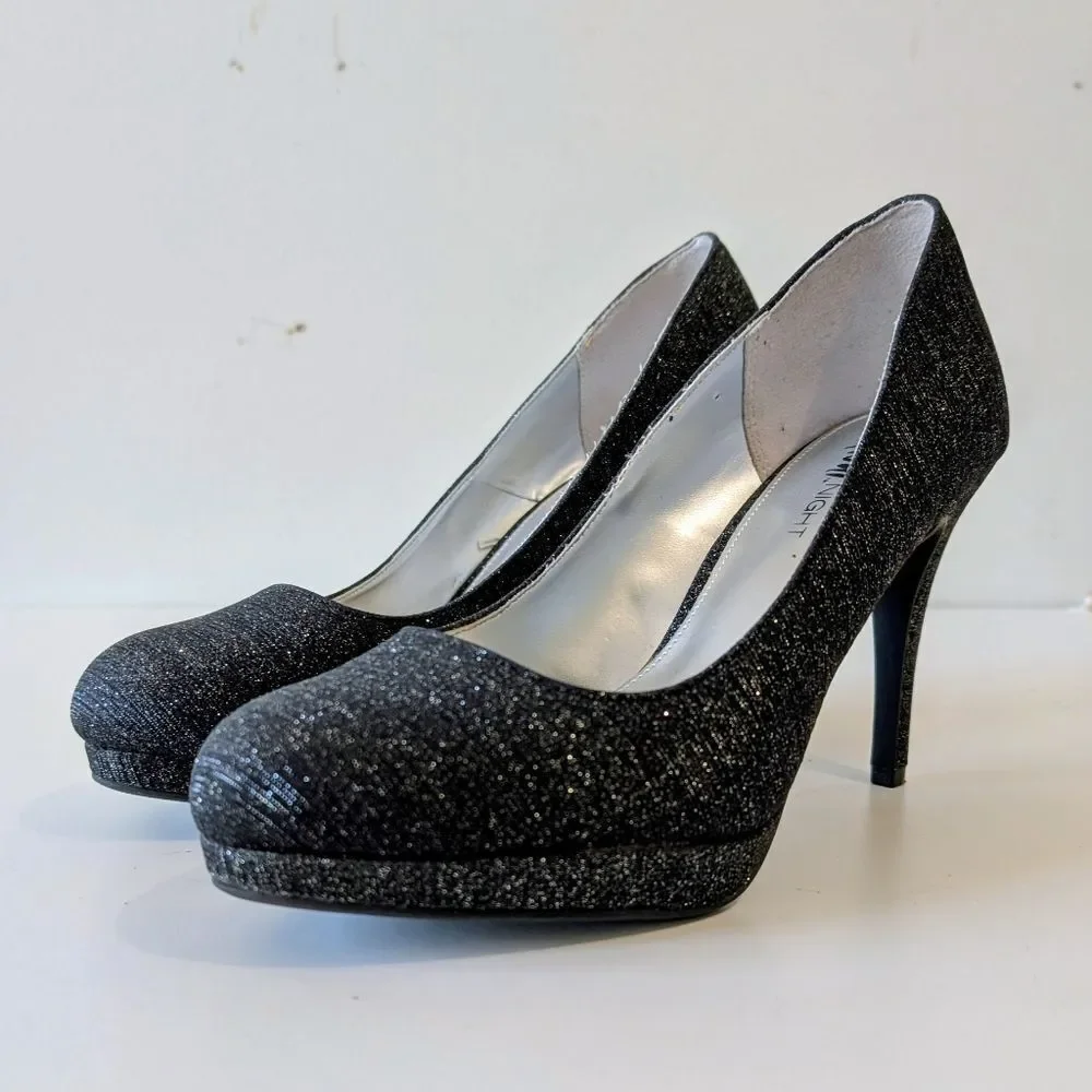 FIONI NIGHT Formal Glitter High Heels Almond Toe Dark Gray Silver Metallic 9